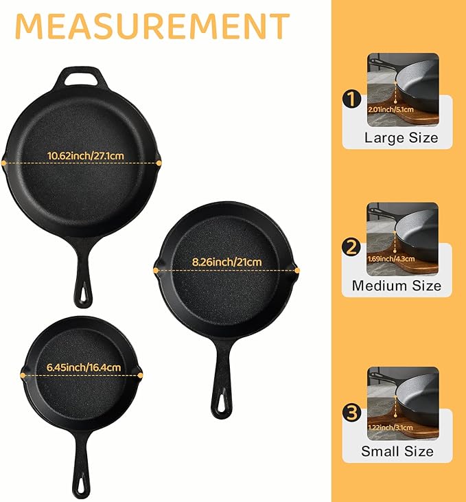 EWFEN Cast Iron Skillet 3-Piece Set, Heavy-Duty Professional Restaurant Chef Quality Pre-Seasoned Pan Cookware Set, 6", 8", 10" Pans For Frying, Saute, Cooking, Use Indoor/Outdoor, Oven, Grill