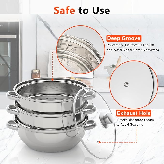 3-Tier Stainless Steel Steamer Pot, Large Capacity Food Steamer for Stove, Multi-Layer Stackable Cooking Steam Pot Kitchen Cookware with Glass Lid for Induction/Gas/Electric Stoves (12.8 Inch)