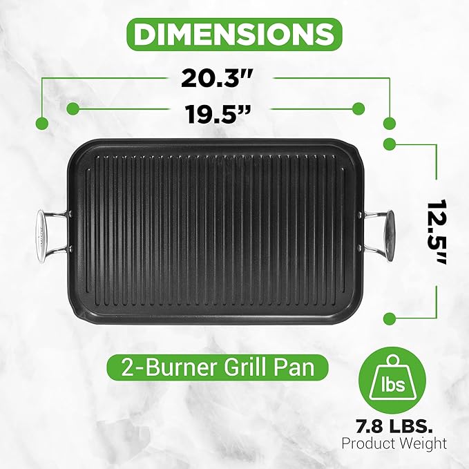 NutriChef 20"x13" Stove Top Grill Pan - Double Burner, Hard-Anodized Non stick Grill & Griddle Pan