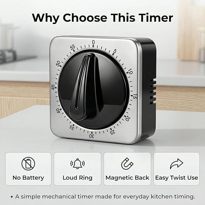 Searon Mechanical Kitchen Timer, Magnetic Manual Countdown Timer with Loud Ring, Stainless Steel, No Battery Needed, Easy to Use for Cooking and Baking