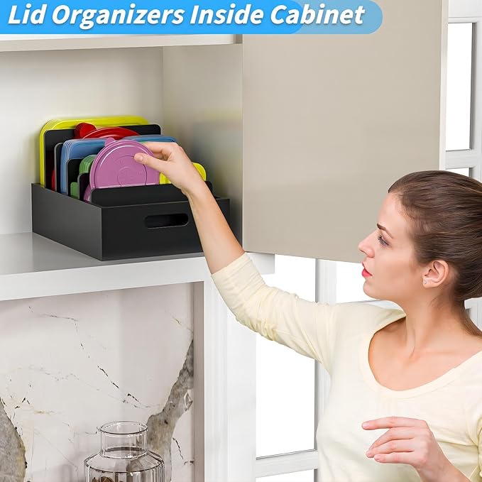 Bamboo Lid Organizers Inside Cabine, Lid Organizer Kitchen Cabinet with 5 Adjustable Dividers, Food Container Plastic Lids Organizer Holders for Drawer Pantry, Black