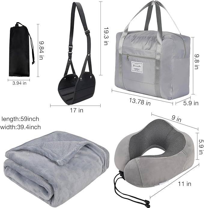 Travel Pillow and Blanket Set & Foot Rest, Memory Foam Neck Pillow Airplane Blanket & Airplane Foot Hammock & Foldable Duffel Bag, Eye Mask & Earplugs, Portable Travel Accessories Essentials, Grey