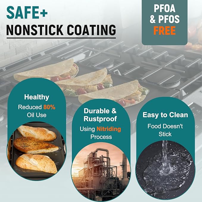 Upgraded WB31X24738 Cast Iron Griddle Replacement for GE Appliance Stove Range Cooktop, Nitrided Non-stick Coating, WB31X49806 Gas Stove Top Center Part for GE, 19.5"×9" Integrated Griddle Plate