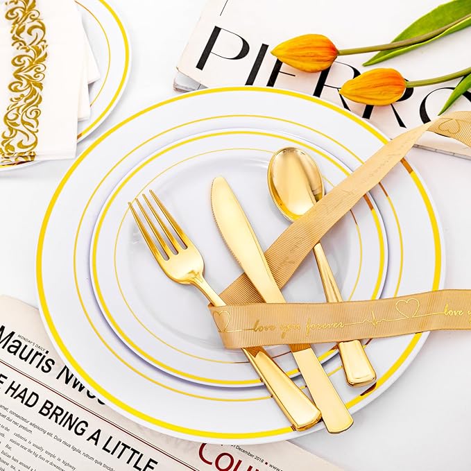 I00000 60 Pieces Gold Plastic Plates, Heavy Duty White and Gold Plastic Plates for 30 Guests Include: 30 Gold Rim Dinner Plates and 30 Gold Dessert Plates Perfect for Wedding, Party & Mother's Day