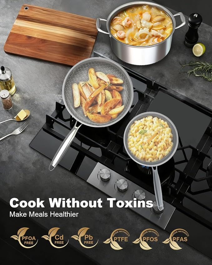 FogDream 7PCS Nonstick Cookware Set, 9.5" Fry Pan, 8 QT Soup Pot, 1.5 QT Sauce Pan with Tempered Glass Lids, Cool Handles, Dishwasher Safe, Induction Compatible for All Cooktops, Silver