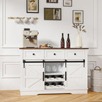 Kmax Farmhouse Wine Bar Cabinet w, 54” Buffet Cabinet with Storage, Rustic White Coffee Bar Cabinet with Sliding Barn Doors, Wine/Glass Rack & 3 Drawers for Living, Dining Room, Brown Top