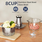 Electric Food Processor Vegetable Chopper, Easy Clean Meat Grinder with 2 Bowls (8 Cup Stainless Steel+8 Cup Glass), Small Food Mixer for Fruits/Meat/Nuts/Fish/Veggie/Pet Food/Baby Food
