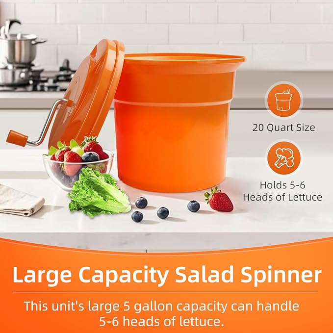 YBSVO 5-Gallon Commercial Salad Spinner – Heavy Duty Large Lettuce Dryer & Vegetable Washer – Manual Food Prep Spinner for Restaurants & Catering (BPA-Free, Holds 5-6 Heads)