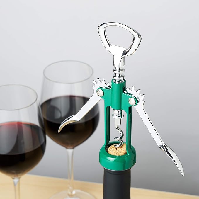 True Soar Winged Corkscrew Wine Opener Manual, Heavy Duty Stainless Steel Cork Openers in Chrome Finish Home Bar Accessories Bar Tools, Set of 1 Green