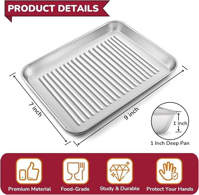 P&P CHEF 9 x 7 x 1 Inch Mini Toaster Oven Pan, Stainless Steel Small Baking Pan Oven Tray for Cooking & Roasting, Corrugated Bottom, Healthy & Sturdy, Dishwasher Safe - 1Pc