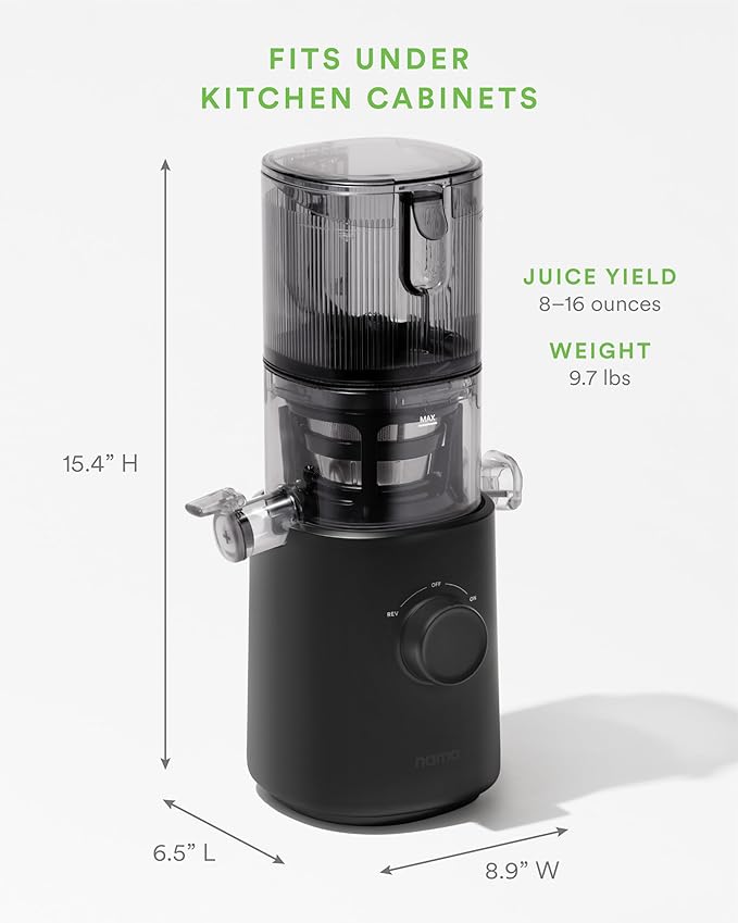Nama J3 Compact Cold Press Juicer – Space Saving & Self Feeding for Hands-Free Operation – Lightweight, Portable Zero Waste Slow Masticating Juicer – Easy Cleanup & Assembly - Black