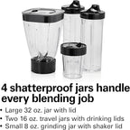 Hamilton Beach MultiBlend Smoothie Blender with 4 Shatterproof BPA Free Jars and Lids; Large 32oz Jar, 8oz Grinder for Nuts & Spices, and 2 Portable Travel Cups, 650 Watts, Black and Stainless (52400)