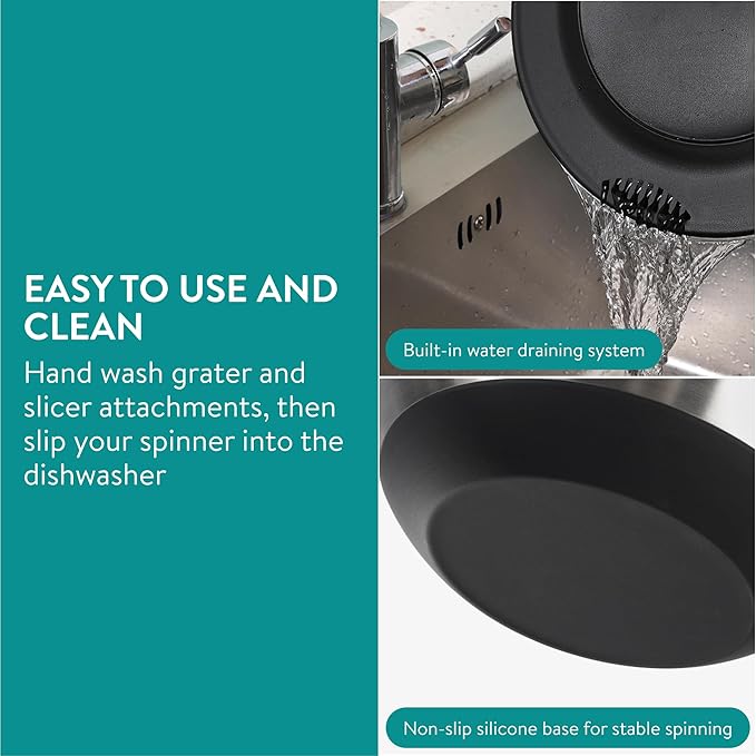 Navaris Salad Spinner with Lid - Salad Spinner Stainless Steel - Salad Dryer - Easy Washing, Drying and Spinning - Includes Grating and Slicing Discs