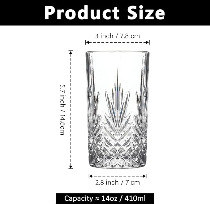 Tall Highball Glasses Set Of 6-14 Ounce Elegant Tom Collins Glasses - Textured Designer Glassware Set For Whiskey,Drinks, Water, Beer, Soda