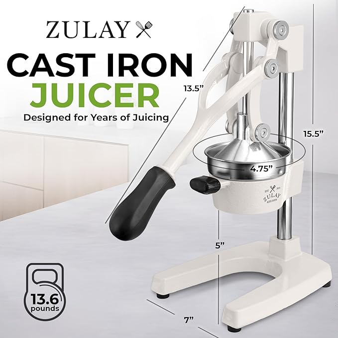 Zulay Kitchen Cast Iron Juicer - Easy-to-Clean Heavy-Duty Manual Juicer, Professional Citrus Juicer - Stainless Steel Lemon Squeezer - Manual Citrus Press & Orange Squeezer - Orange Juicer – White