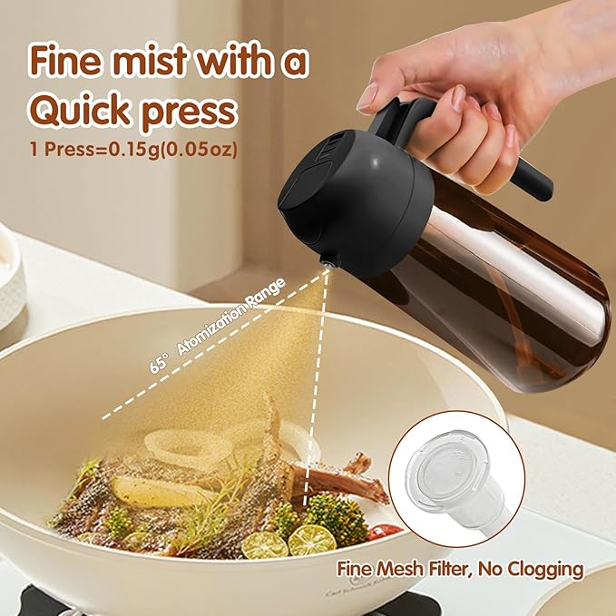 YARRAMATE 16oz/470ml Light Blocking Oil Sprayer for Cooking with Stickers, Food-Grade 2 in 1 Olive Oil Dispenser Bottle for Kitchen, Premium Dark Amber Glass Oil Bottle for Air Fryer, BBQ (Black)