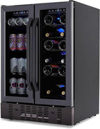 NewAir 24" Dual Zone Wine and Beverage Refrigerator, 18 Bottle & 58 Can, French Door Built-In Fridge with Lock, Black Stainless Steel Cooler, Digital Thermostat, Adjustable Shelves
