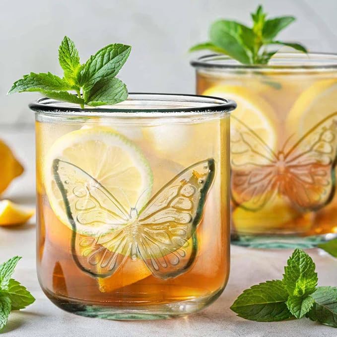 COURONNE CO. Clear Recycled Drinking Glass Tumbler, Perfect for Cocktails, Refreshments & Everyday Use, Restaurant Grade, Crafted without lead-based materials (10.1 Oz, Butterfly), Pack of 6