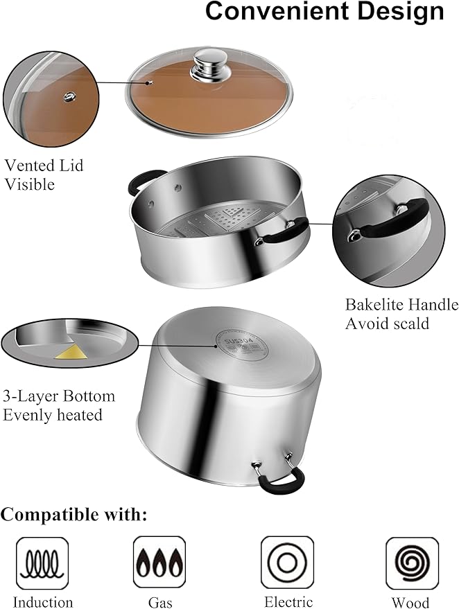 VENTION 7.9 Inch Small Vegetable Steamer Pot, 3 QT Induction Stainless Steel Steamer for Cooking, Steam Pot(20cm)