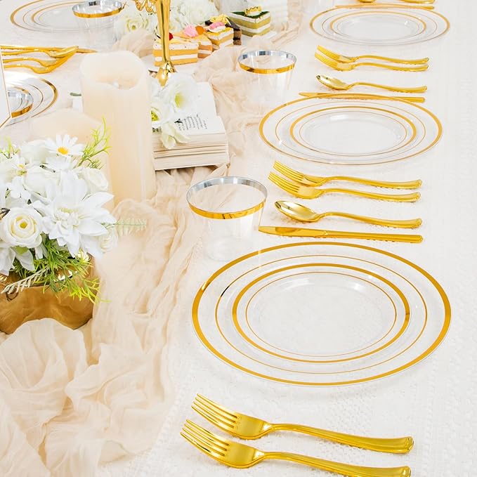 WELLIFE 450 PCS Clear Gold Disposable Dinnerware Set for 75 Guests, Clear and Gold Plastic Plates for Party, 75 Dinner & Salad Plates, Cups, Spoons Forks Knives for Wedding and Party Anniversary