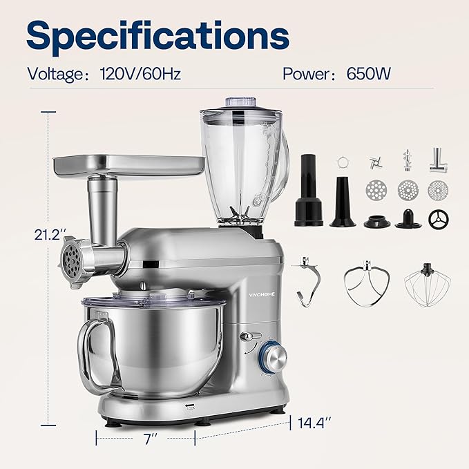 VIVOHOME 3-in-1 Stand Mixer, 6 Quart Electric Tilt-Head Kitchen Mixer with Bowl, Multifunctional Food Mixer with Meat Grinder and Blender Attachments, Dough Hook, Beater, and Whisk, Silver