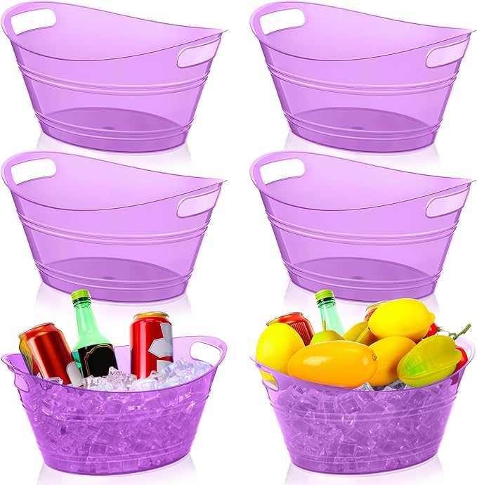 meekoo 6 Pcs Plastic Ice Buckets Bulk with Handles 4.5L Oval Storage Tub Large Capacity Ice Drink Bucket for Party Bar Wine Beer Champagne Beverage Bottle Cooler (4.5 L,Purple)