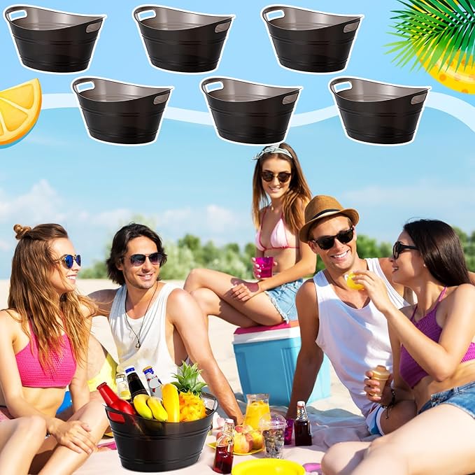 meekoo 6 Pcs Plastic Ice Buckets Bulk with Handles 4.5L Oval Storage Tub Large Capacity Ice Drink Bucket for Party Bar Wine Beer Champagne Beverage Bottle Cooler (4.5 L,Black)