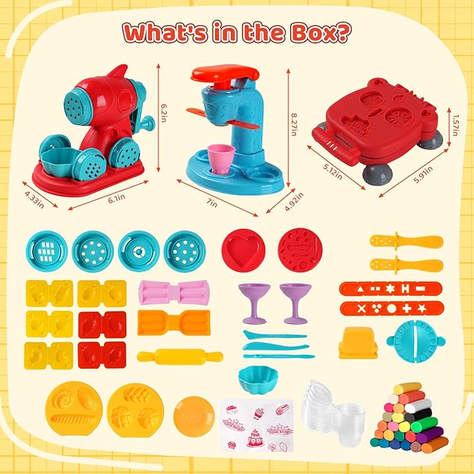 3-in-1 Color Dough Kitchen Creations Set for Kids Aged 3-8, 24 Colors Dough Playset with Ice Cream/Noodle/Hamburger Makers, Food Modeling Art Crafts Pretend Play Toys for Boys Girls