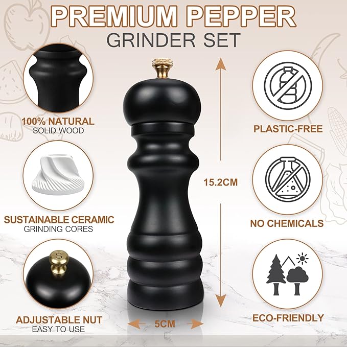 Salt and Pepper Grinders Set of 2, Manual Pepper Mill & Salt Grinder with Adjustable Ceramic Rotor & Stainless Steel Gasket, Refillable Black Salt & Pepper Shakers for BBQ Restaurant Kitchen