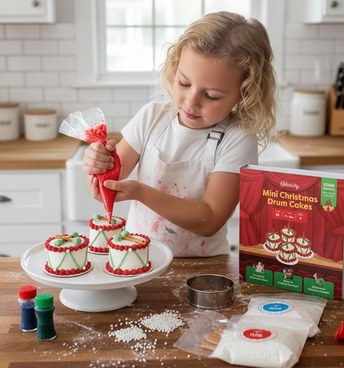 Mini Christmas Drum Cakes STEM Baking Kit for Kids Holiday Educational Cooking Activity Set with Ingredients, Tools & Step-by-Step Guide Fun Hands-On Learning, Christmas Treats & Creative STEM Project