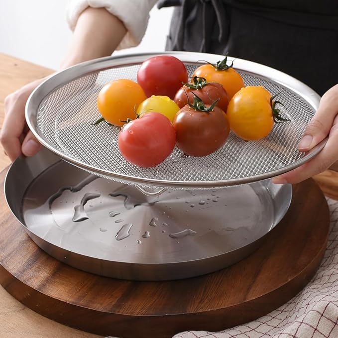 WAGENSTEIGER Stainless Steel Mesh Tray Set with Drip Pan, Air Fryer Basket and Tray, Kitchen Colander, Vegetable and Fruit Strainer, Food Filter, BBQ Prep Tool, Fruit Serving Dishes (11.42 inch)
