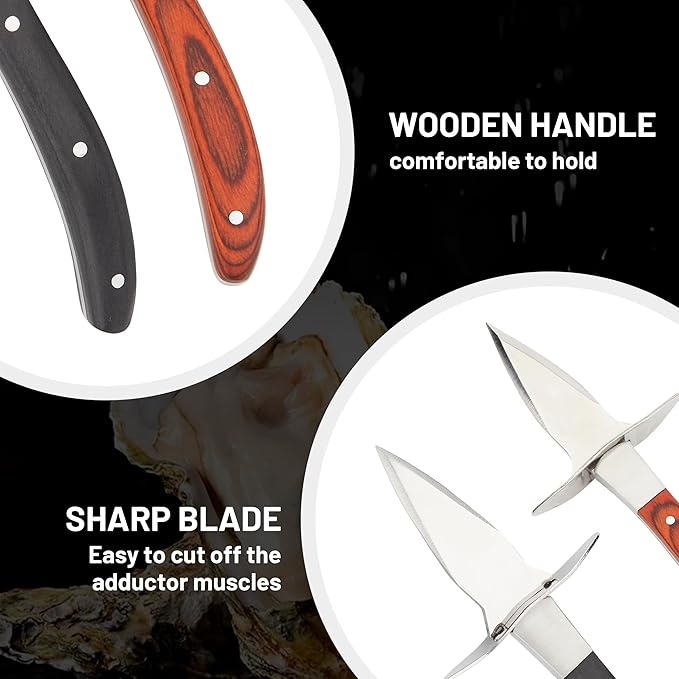 Oyster Shucking Knife Set of 2 with Cut Resistant Glove, Stainless Steel Oyster Opener Tool, Wood Handle Shellfish Shucker for Oysters Clams Scallops Mussels Seafood Tools
