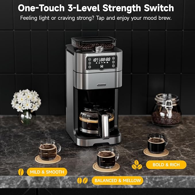 Drip Coffee Maker with Built-in Grinder, 10-Cup Coffee Machine with 24-Hour Delay Timer, Touch Screen, Self-Cleaning, Reusable Filter, 1.5L Removable Water Tank, Warming Plate, Silver