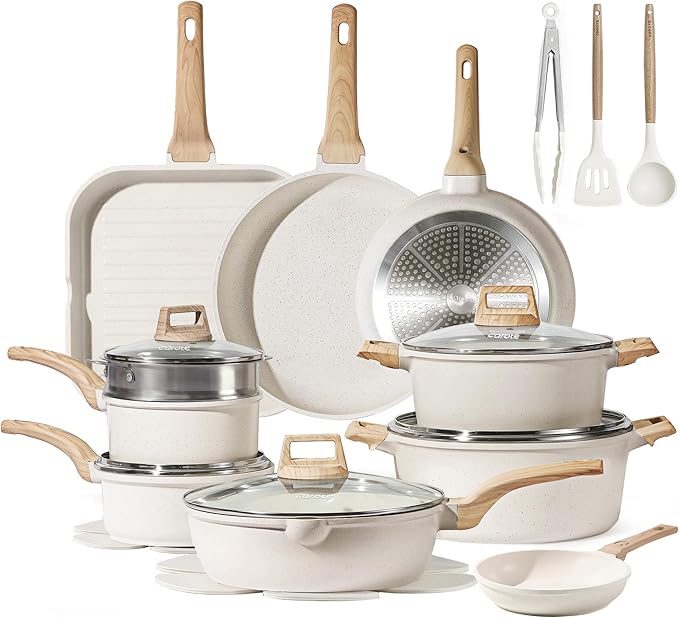 CAROTE Pots and Pans Set Nonstick, Cookware Set Induction Kitchen Cooking Set 26cs w/Frying Pans & Saucepans& Grill Pan