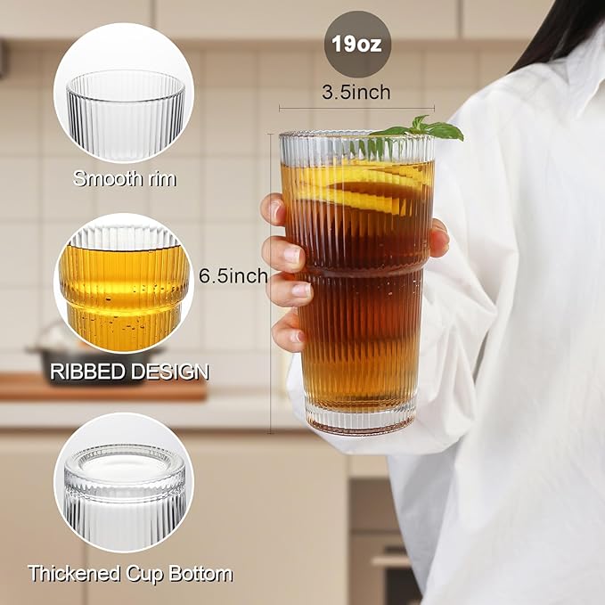 Drinking Glasses，19oz Ribbed Glassware,6 Pack Old Fashioned Glasses,Thickened glass for iced coffees, smoothies, cocktails and juices, perfect for families and parties (6)
