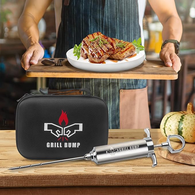 Grill Bump Meat Injector Syringe Kit with 3 Professional Marinade Injector Needles and Travel Case for BBQ Grill Smoker, Turkey and Brisket; 2-oz Large Capacity, Both Paper User Manual and E-Book