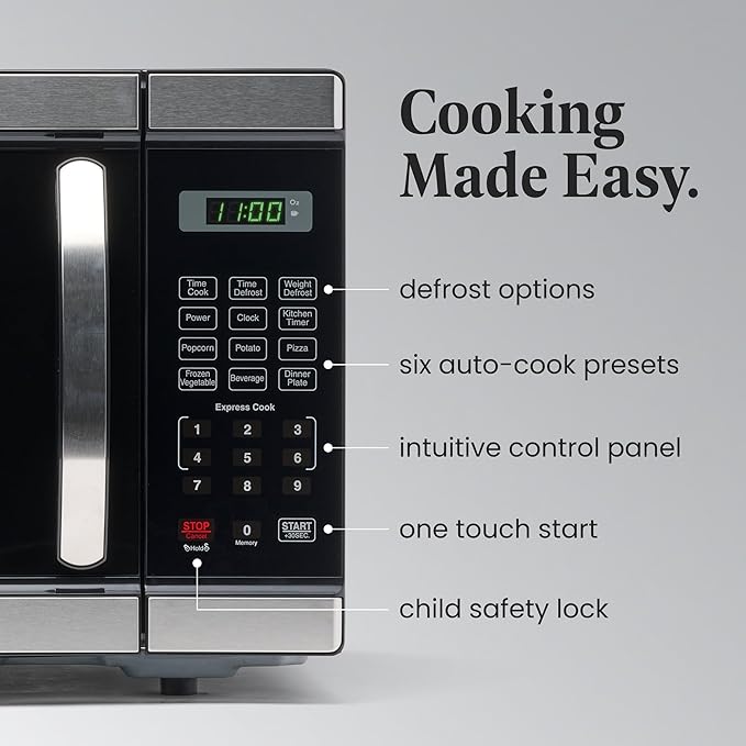 Farberware 1.1 Cu. Ft. Countertop Microwave Oven – 1000 Watt Power, Auto Cook Settings, Defrost, Easy Clean and Child Safety Lock - Stainless