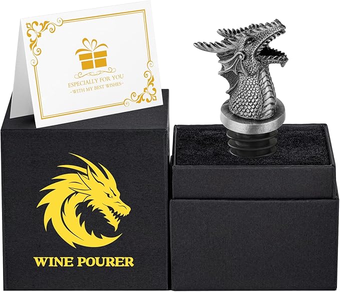 Dragon Head 2-In-1 Wine Bottle Pourer and Stopper, Gifts for Men Women Dragon Fans, Liquor Bottle Pourers Spout for Alcohol Spirits, Wine Accessories, Dark Silver