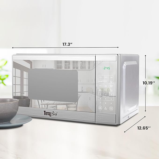 Total Chef 0.7 Cu Ft Microwave Oven – Compact Countertop Microwave, Small Stainless Steel Kitchen Appliance with Digital Touch, Pre-Set Functions, 10” Turntable, 700 Watt, Microondas Pequeños