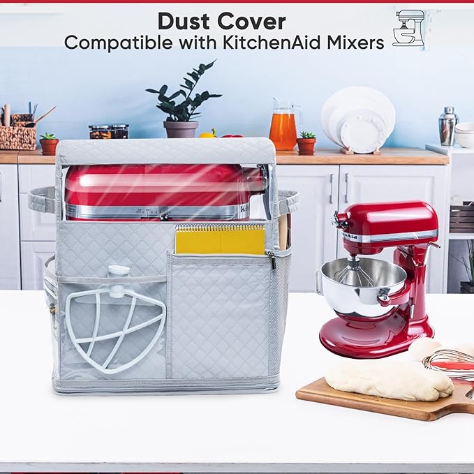 BAGSPRITE Stand Mixer Cover with Detachable Appliance Sliders Base Compatible with KitchenAid Mixer-Storage Bag for 6/7/8 Quart with Pockets for Kitchen Aid Accessories and Attachments