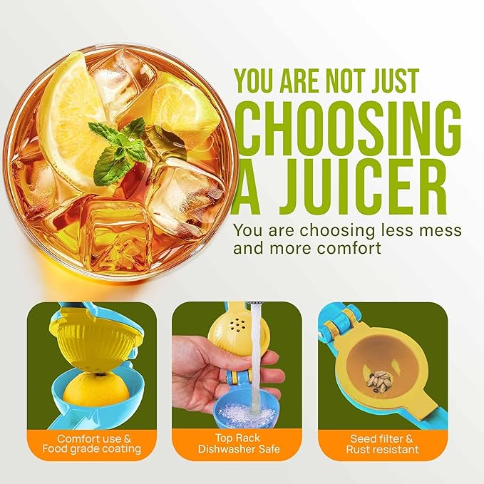 Zulay Metal 2-In-1 Lemon Squeezer Manual - Sturdy, Max Extraction Hand Juicer Lemon Squeezer Gets Every Last Drop - Easy to Clean Manual Citrus Juicer - Easy-to-Use Lemon Juicer Squeezer - Blue/Yellow