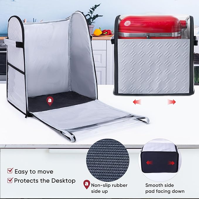 BAGSPRITE Full Open Stand Mixer Cover with Slider Base Compatible with KitchenAid 6-8 Qt Bowl-Lift Mixers – Dustproof Quilted Kitchen Aid Mixer Cover with Pockets for Accessories & Attachments