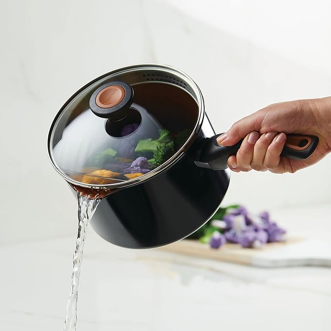 Farberware Glide Nonstick Sauce Pan/Saucepan with Straining and Lid, 3 Quart, (Black)