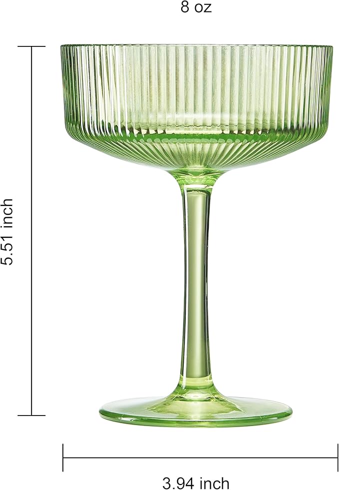 Khen Shatterproof Acrylic Ribbed Vintage Art Deco Martini, Champagne & Cocktail Spring & Summer Bright Pastel Colors Plastic Coupe Glasses | 8 Set | 8oz Ripple Classic Indoor & Outdoor, European Style