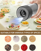 CIRCLE JOY Electric Salt and Pepper Grinder Set Rechargeable Salt and Pepper Mills with 6-Level External Adjustable Coarseness, White LED Light and Storage Base, Black & White