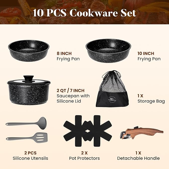 Kitchen Academy Removable Handle Induction Pots and Pans Set - 10 Piece Non-stick Cookware Sets, Black Granite Stackable RV Cookware for Camp