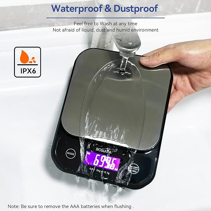 BOMATA Waterproof Kitchen Scale, 0.1g/0.01oz High Precision, 5kg/11lb, Washable, USB Rechargeable, Digital Scale for Food,Cooking, Baking, Weight Loss, Grey