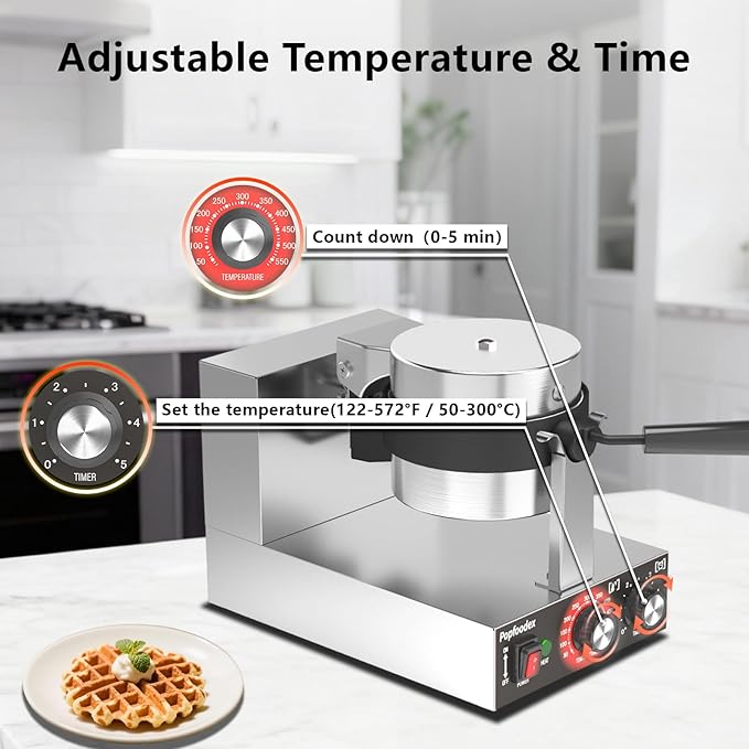 Belgian Waffle Maker, 110V Industrial Waffle Maker w/Non-Stick Coating and Adjustable Temperature (122-572°F), 1200W Rotary Commercial Waffle Machine w/Timer, Restaurants and Food Trucks