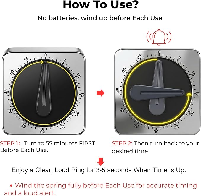 Searon Mechanical Kitchen Timer, Magnetic Manual Countdown Timer with Loud Ring, Stainless Steel, No Battery Needed, Easy to Use for Cooking and Baking