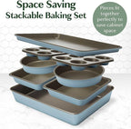 Goodful All-In-One Nonstick Bakeware Set, Stackable and Space Saving Design includes Round and Square Pans, Muffin Pans, Cookie Sheet and Roaster, Dishwasher Safe, 8-Piece, Blue Mist